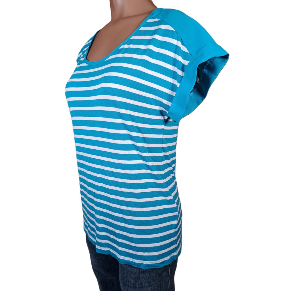 Christian Siriano Runway Style Blue White‎ Striped Cuffed Sleeve Top Small